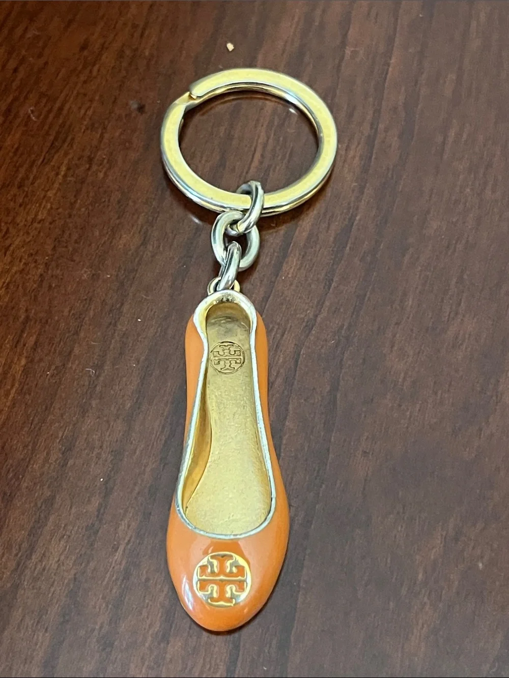 Tory Burch Orange Enamel Ballet Flat Keyring with Gold Logo